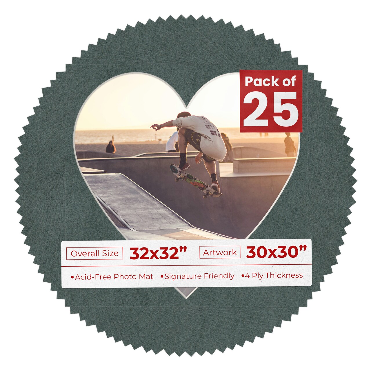 Dark Grey Suede Mat Board for 32x32 Frames - Heart Opening for 30x30 Photos